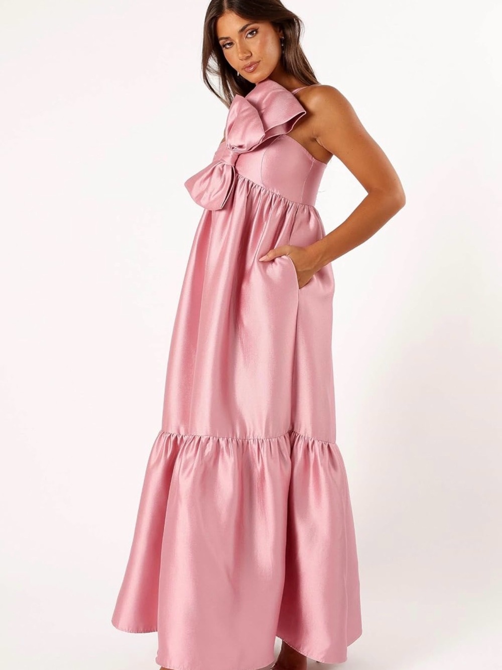 Petal & Pup Pink Satin One-Shoulder Maxi Dress with Bow